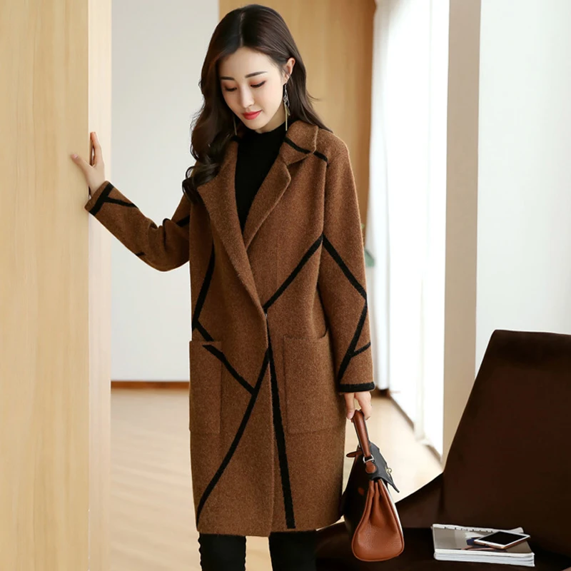 

2020 New Stripe Woolen Women Coats Mid-Length Covered Button Turn-Down Collar Big Pocket Fashion Women Jackets Spring Autumn