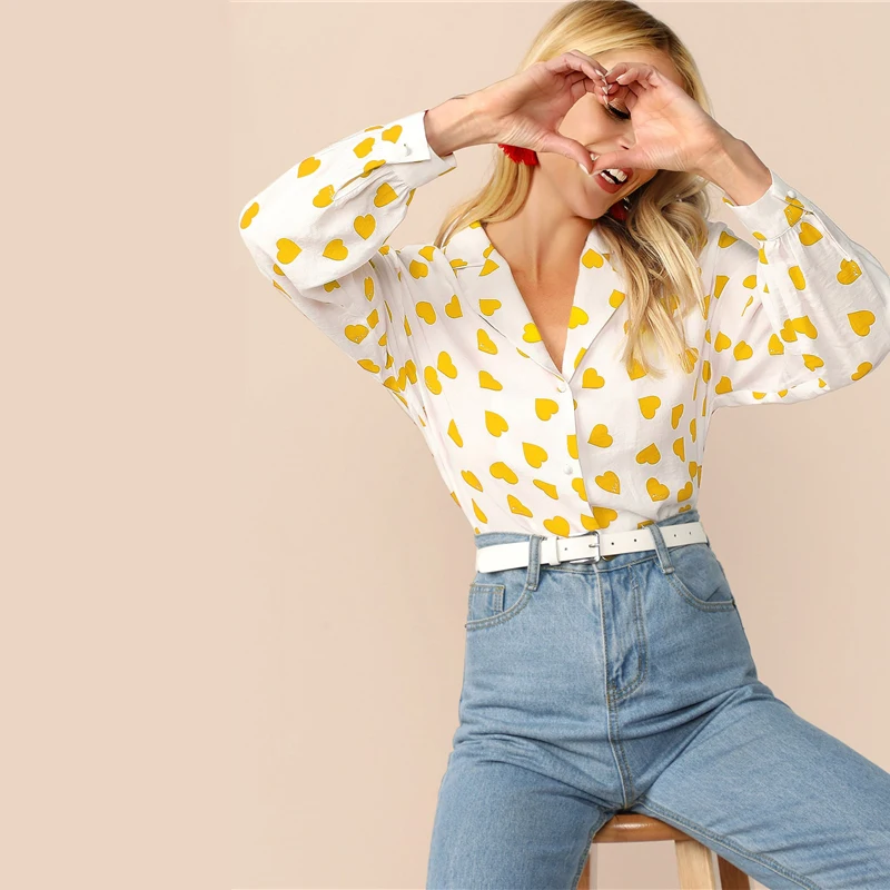Dotfashion, повседневная желтая блузка с принтом сердца, женская рубашка, осень, на пуговицах, v-образный вырез, блузки для девушек, отделка, милый топ