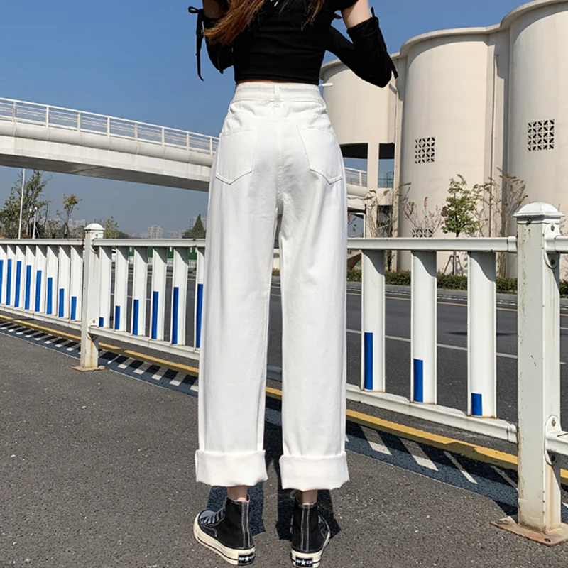 

High Waist Wide Leg Jeans Female Korean Loose White Straight Trousers Washed Denim Pants Plus Size Casual Streetwear Pink Jeans