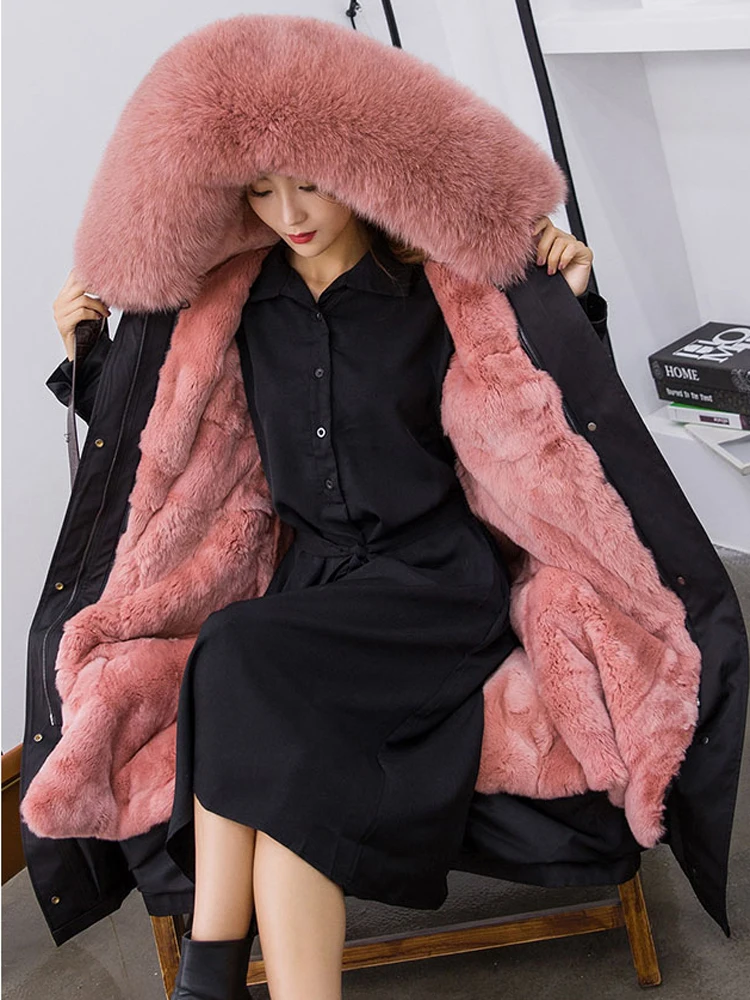 European Style Woman Real Fox Fur Parkas Genuine Natural Rabbit Liner X Long Coat Female Lady Winter Jacket Outerwear Cloth XXXL