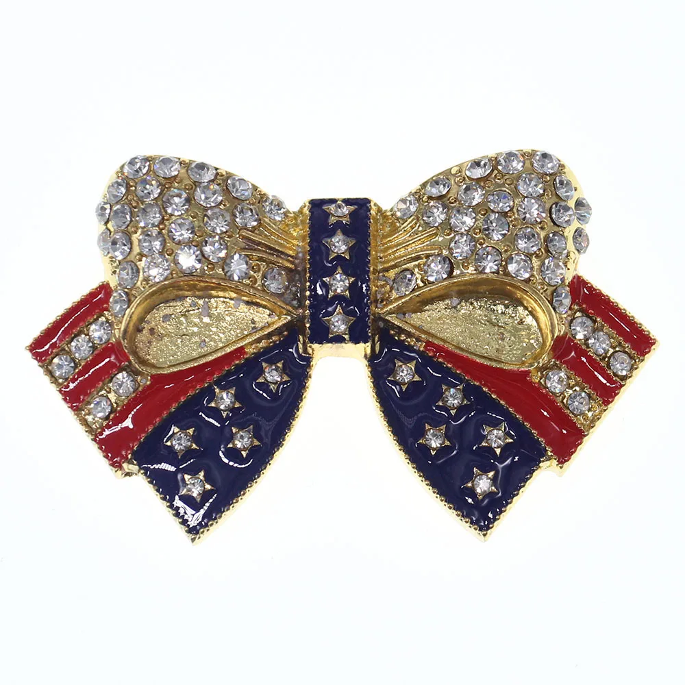 

10pcs/Lot Free Shipping 60mm Zinc Alloy Gold Pating Enamel Crystal USA Flag Bow-Knot Brooches Brooch Rhinestone Brooch