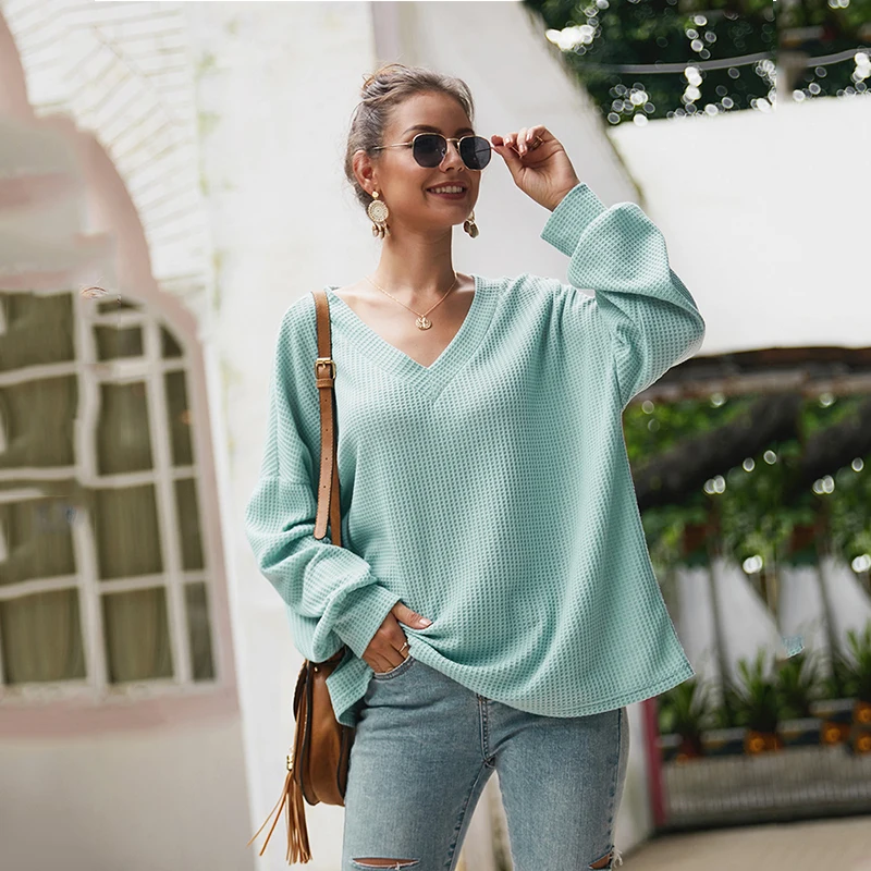 

Женские свободные пуловеры, однотонные Женские топы с V-образным вырезом и длинным рукавом, весенне-осенняя Повседневная Мягкая вязаная оде...