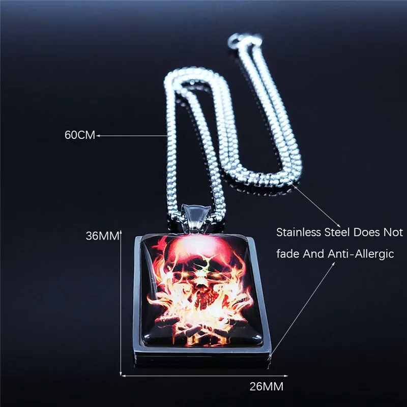 

Black Metal Fire Skull Glass Stainless Steel Necklace for Men/Women Silver Color Chain Necklaces Jewelry collier homme N5175S03
