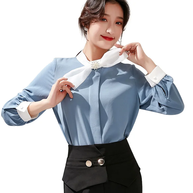 

Shirts Women Spring New Women Tops Color Block Bow Temperament Shirt Casual Long Sleeve Shirt Womens