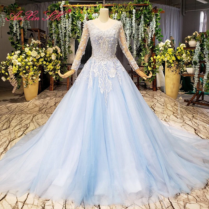

Женское свадебное платье AnXin SH, голубое кружевное платье с v-образным вырезом и длинным рукавом, украшенное бисером, 100% реальные фотографии