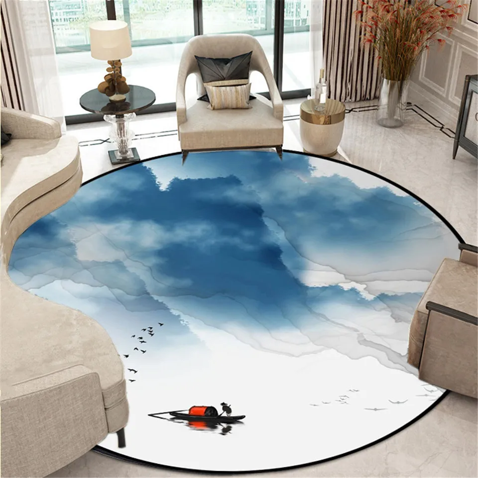 

New Chinese Style Light Blue Landscape Carpet Living Room Round Rug For Bathroom Anti-slip Machine Washable Bedroom Beside Mat