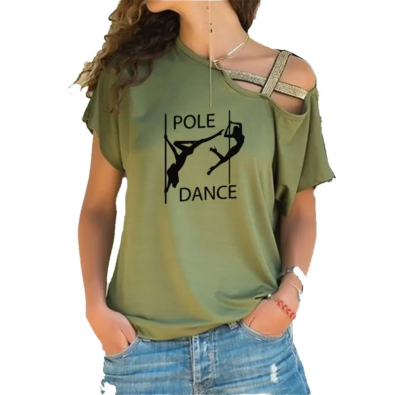 

Newest Pole Dance Funny T Shirt Women's Sexy Dancer Printed Short Sleeve Irregular Skew Cross Bandage Tshirt