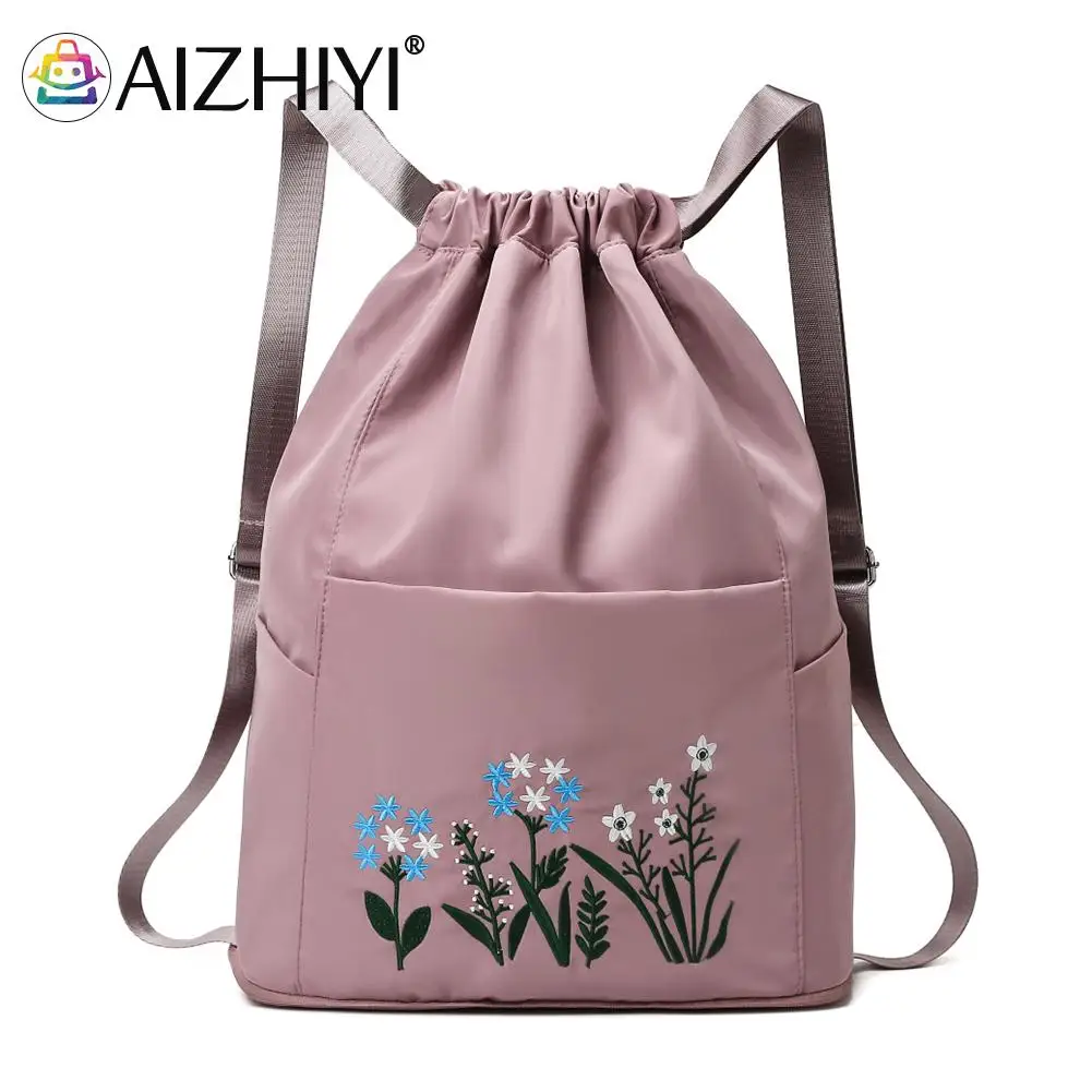 

Multifunctional Fitness Travel Bag Flower Embroidery Folding Backpack Drawstring Lightweight Oxford Cloth Large Sports Bags