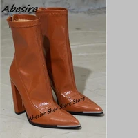 abesire short boots brown chunky high heel back zipper women mid calf boots solid pointed toe new fashion autumn winter shoes
