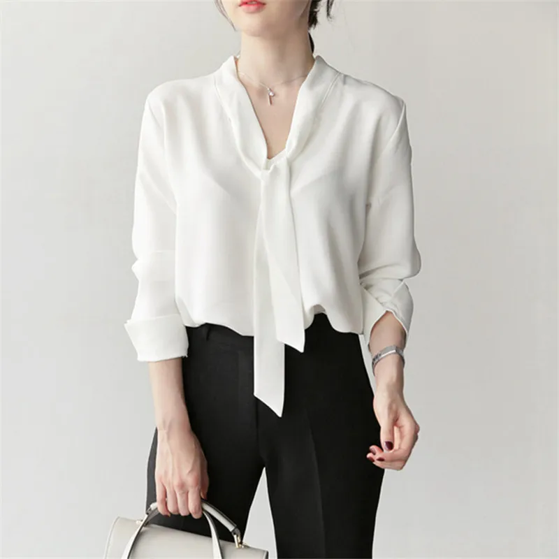 

New Women White Shirt Tops Spring Autumn Solid Tie Bow Chiffon Blouse Female Long Sleeve Shirts Casual V-Neck Office Blusa A1585