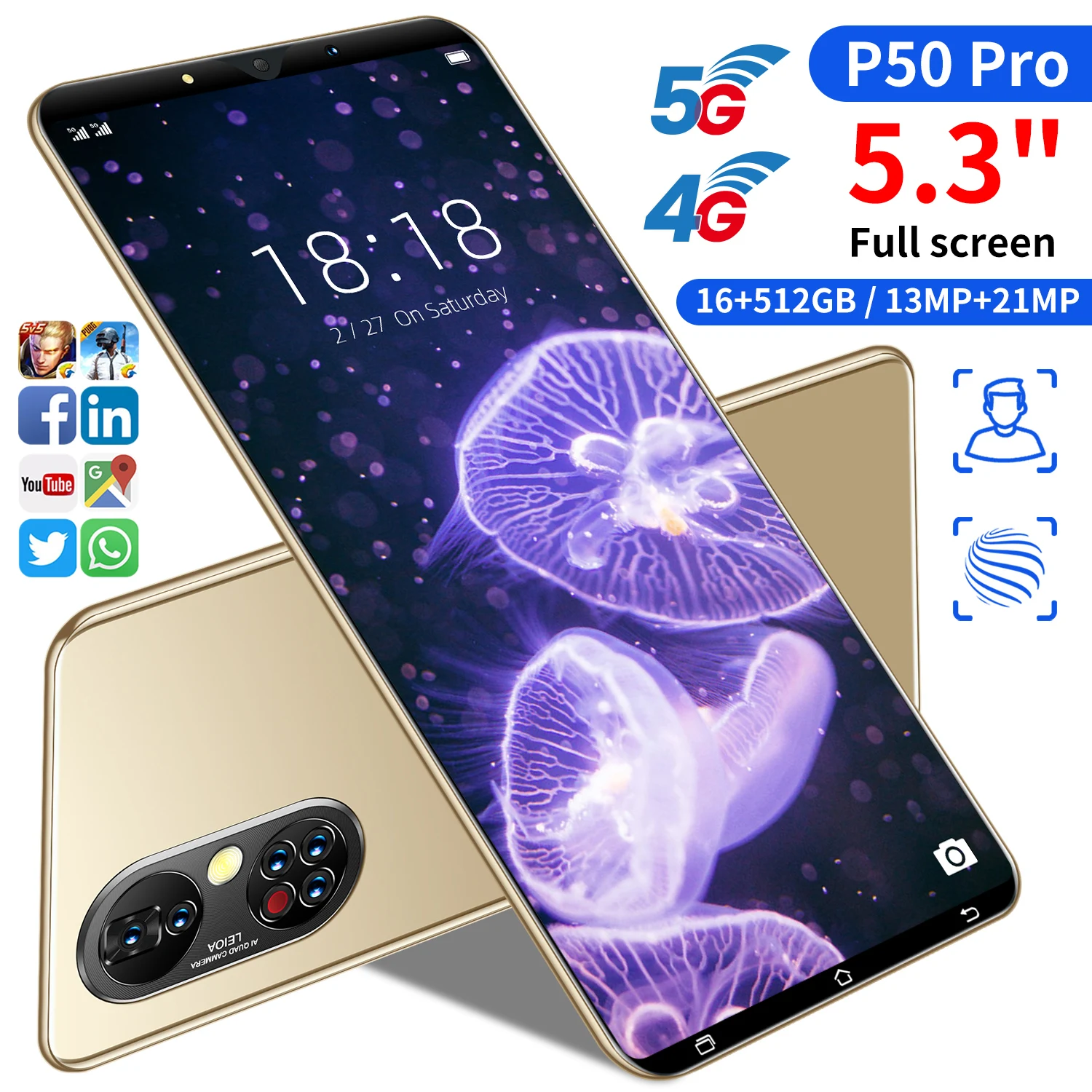 

Global Version P50 Pro 5.3-inch Smart Phones 16G+512G 4950mah Full Display Android Telefons 21mp Camera Support Google 5G Phone