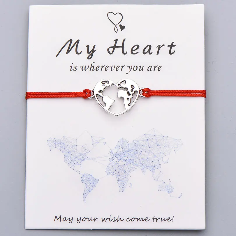 red with card Pipitree Lucky My Heart карта мира браслет ручной работы регулируемая красная струна Очаровательные Браслеты Wish ювелирные изделия подарок для женщин мужчин влюбленных - Окраска металла: red with card