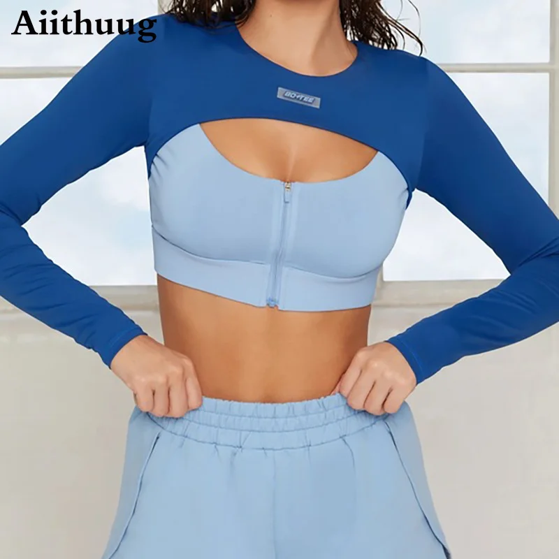 

Aiithuug with Zipper Bra Cutout Yoga Sports Tee Long Sleeve Crop Top T Shirts 2 In 1 Workout Shirts and Bra Yoga Gym Cropped