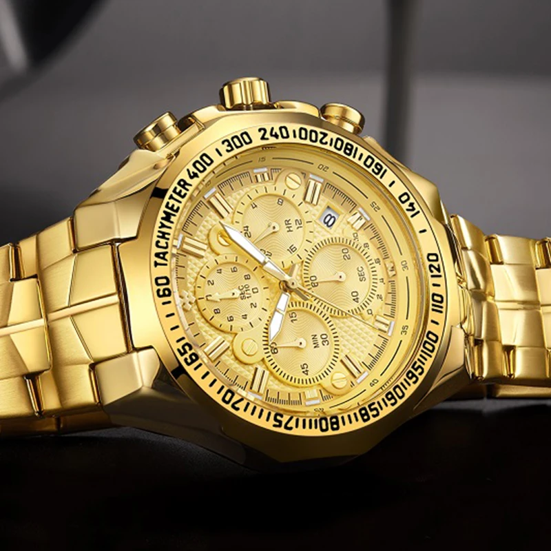  WWOOR Top Brand Luxury Gold Mens Watches Chronograph Full Steel Military Sport Waterproof Wrist Watch Male Big Dial Quartz Clock