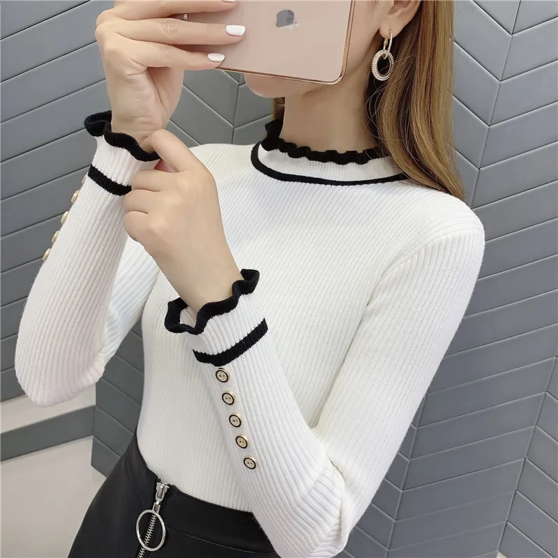 OHCLOTHING5344-женские свитера 2019New Женский пуловер высокая эластичность falbala вязаный кружевной воротник подходит ко всему джемпер
