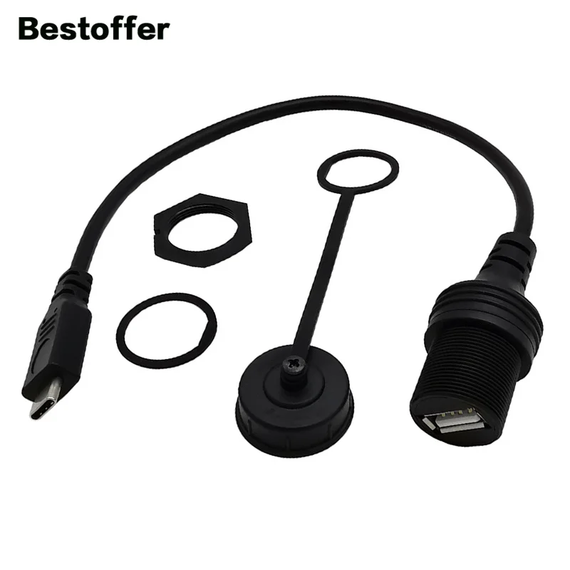 

30CM USB3.1 Type-C Male to USB 2.0 A Female OTG AUX Flush Panel Mount Waterproof Cable For Car Truck Boat Motorcycle Dashboard