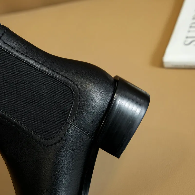 

Female Chelsea Short Boots Genuine Leather Square Heels Women Warm Ankle Boots Dancing Party Shoes Woman