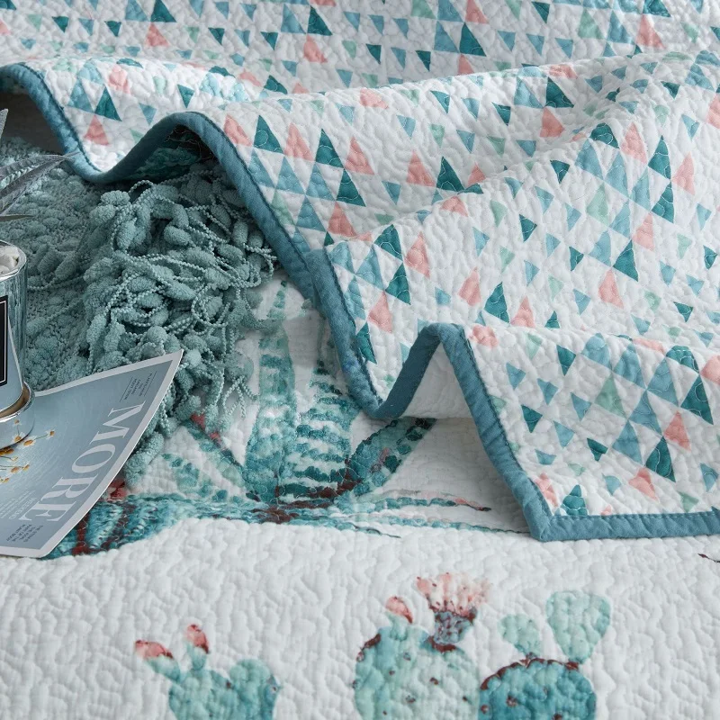 Хлопковое покрывало CHAUSUB комплект из 3 предметов с принтом кактуса наволочка