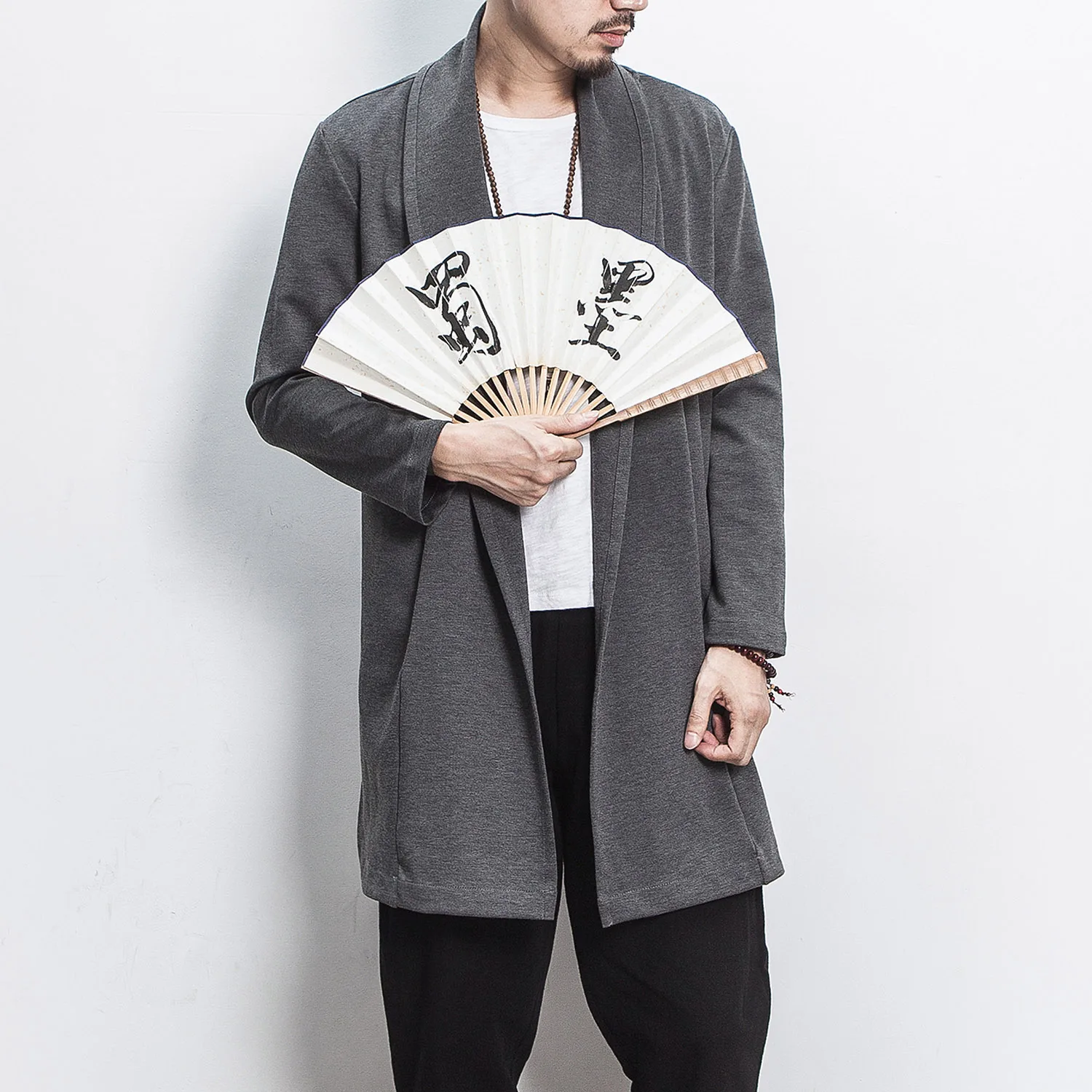 Мужской длинный кардиган в китайском стиле винтажный свободный однотонный