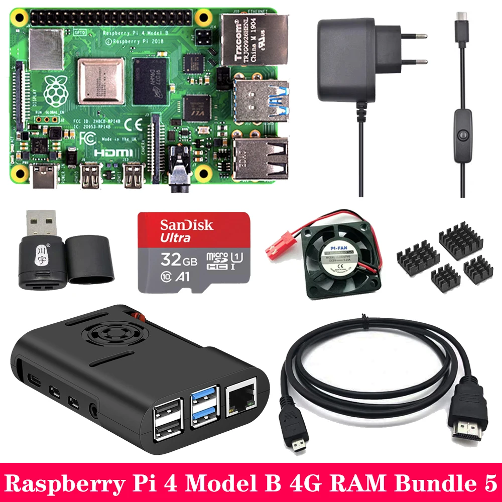 Комплект 5 Raspberry Pi 4 Модель B 2G 4G ram+ ABS чехол+ вентилятор охлаждения+ блок питания зарядное устройство+ алюминиевый радиатор для Raspberry Pi 4 Модель B - Комплект: Комплект 5