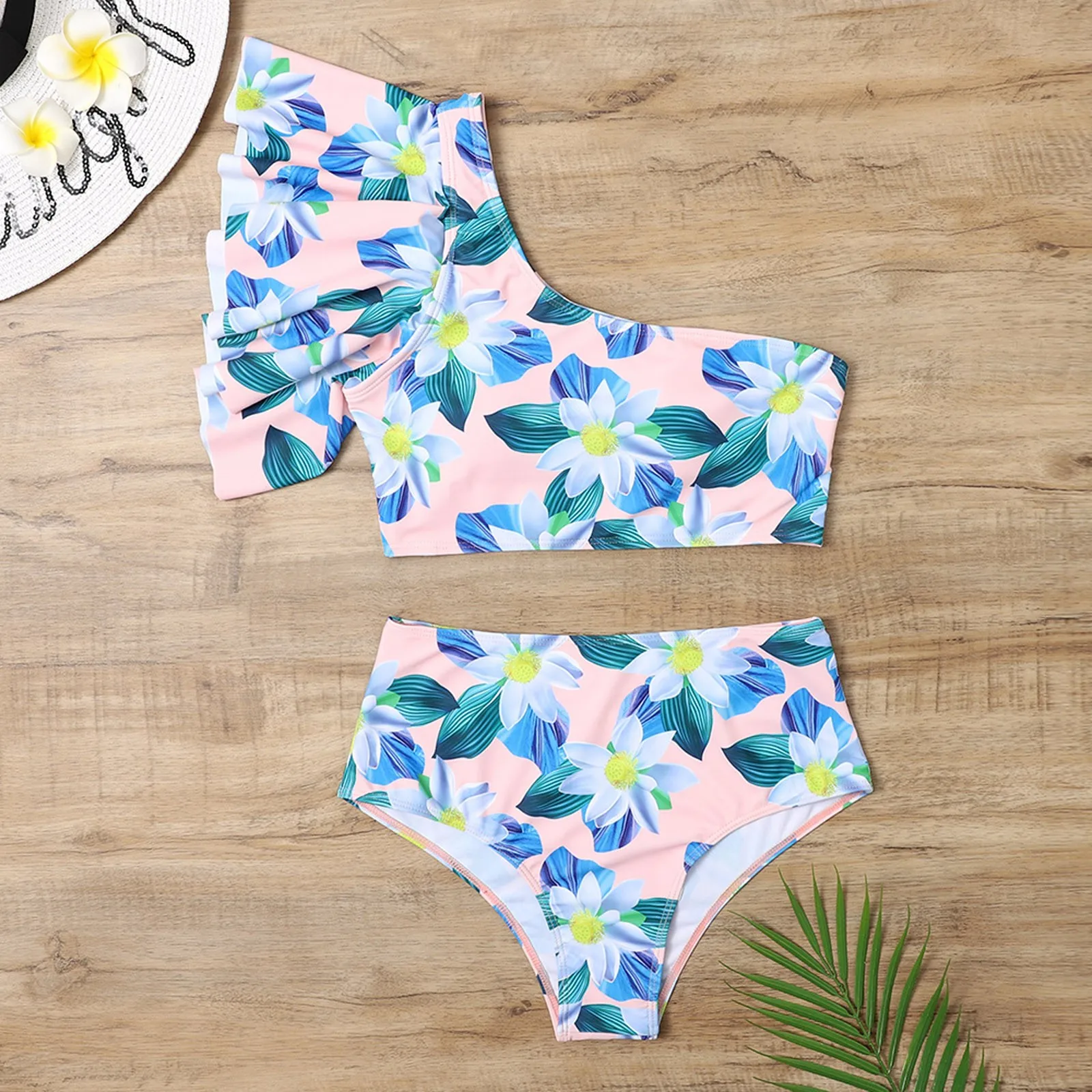 

Tropical Leaves Ruffle Women's Bikini 2021 Summer Fashion Printing One-shoulder High Waist Swimsuit Swimwear Beachwear Biquinis