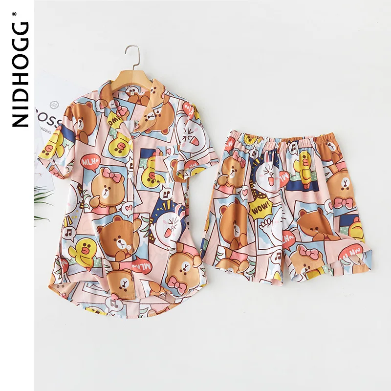

2020 милый Пижамный костюм с короткими рукавами и шортами летняя атласная одежда для сна с отложным воротником и принтом домашняя одежда для ...