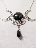 triple moon silver plated necklace and black glass stone wiccan pagan gothic necklace