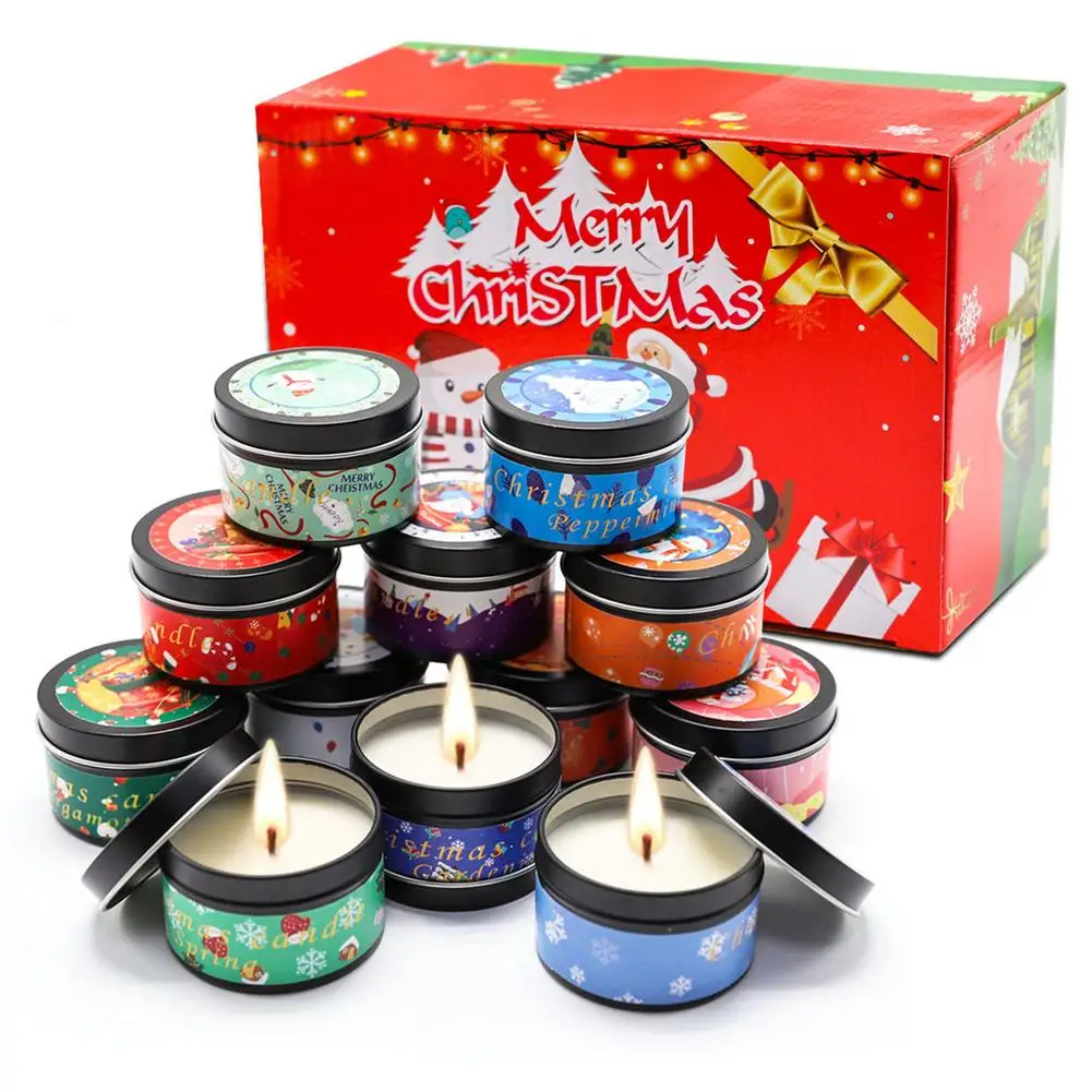 

12pcs Christmas Themed Scented Candle Tin Can Essential Oil Aromatherapy Candle Home Decoration Great Gift Gift Set