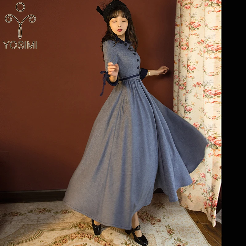 YOSIMI весеннее винтажное длинное женское платье до середины икры вечернее элегантное платье офисное Женское Платье серое лоскутное черное