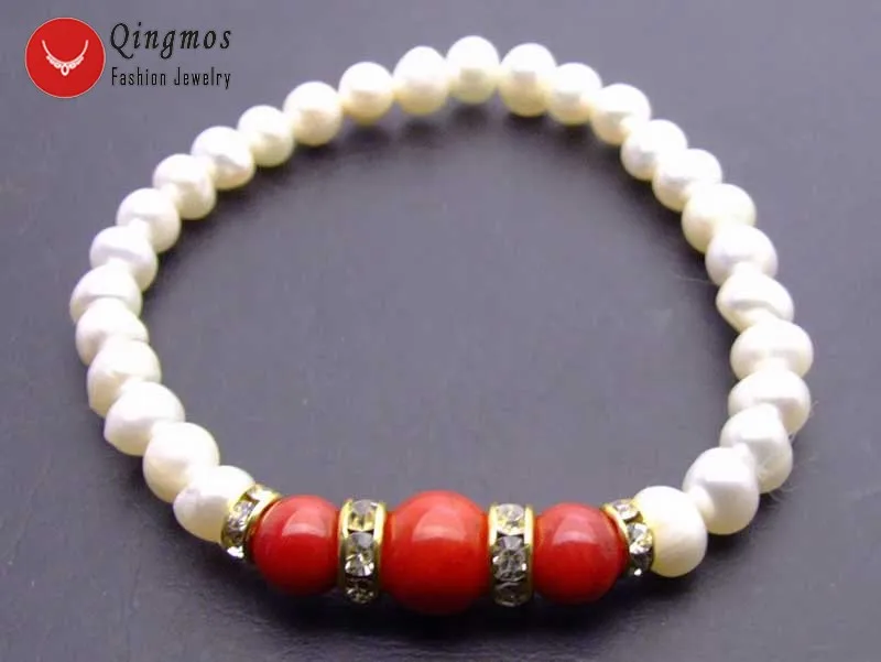 Qingmos 6-7mm Round Natural White Pearl Bracelet for Women with Red Coral Stone 7.5&quot Jewelry Bra292 | Украшения и аксессуары