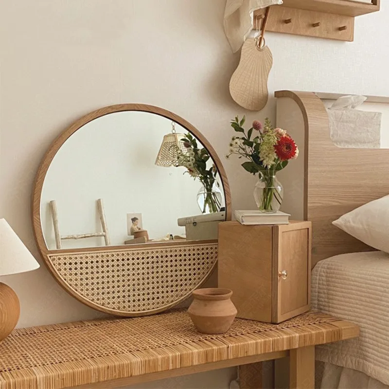 

Solid wood round decorative mirror retro art ins wind rattan woven mirror handmade hanging mirror porch home homestay