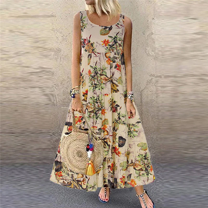 

BONJEAN Summer Boho Long Dress Women Floral Print Sleeveless Party Dress Female Casual Elegant Beach Dresses Sundress BJ2434