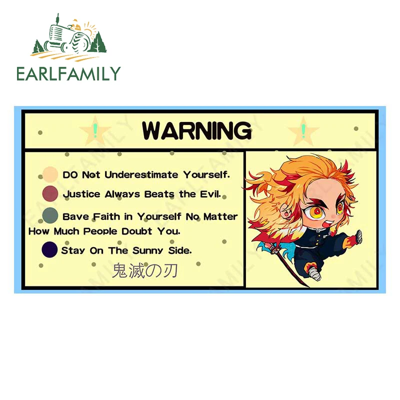 

EARLFAMILY 13cm x 6.6cm for Demon Slayer Warning Car Stickers Personality Scratch-Proof Decals Creative Laptop Decor Car Goods