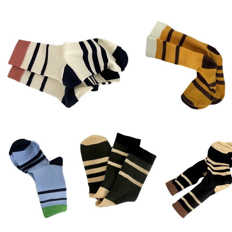 

2022 New 1 Pair Sports Socks Color Contrast Striped Pattern Cotton Sock for Men Women