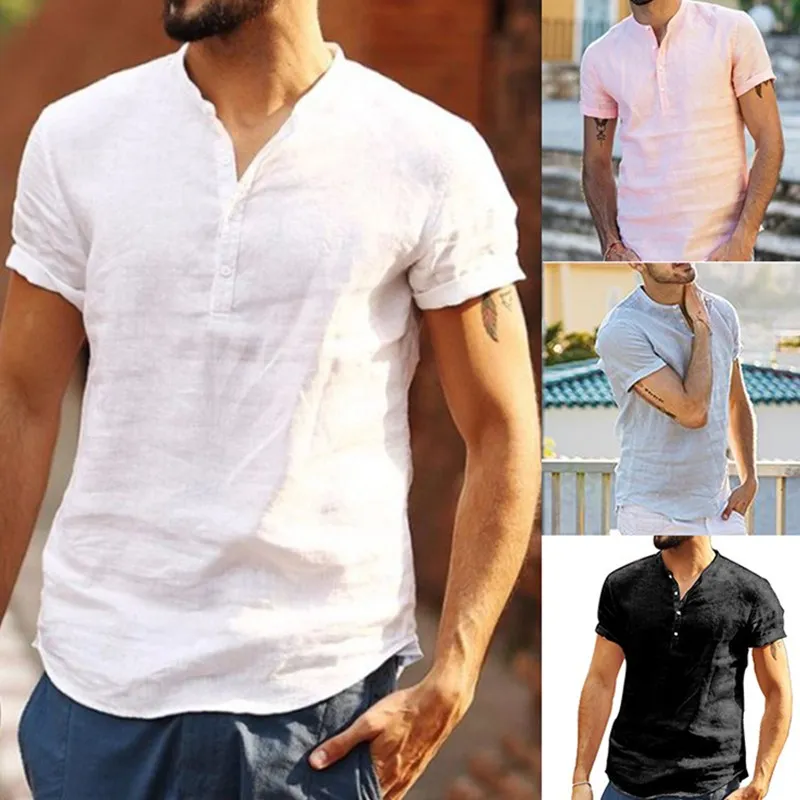 

2021 New Men's Baggy Cotton Linen Soid Color Short Sleeve Retro T Shirts Tops Fashion Shirts For Men Plus Size Streetwear