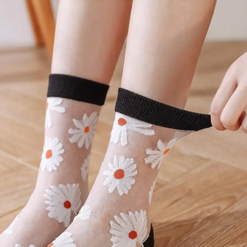 5 Pairs Girls Heart Daisy White Cotton Thin Glass Ankle Socks Fashion Summer Crew Sock Women Transparent Crystal Ankle Socks