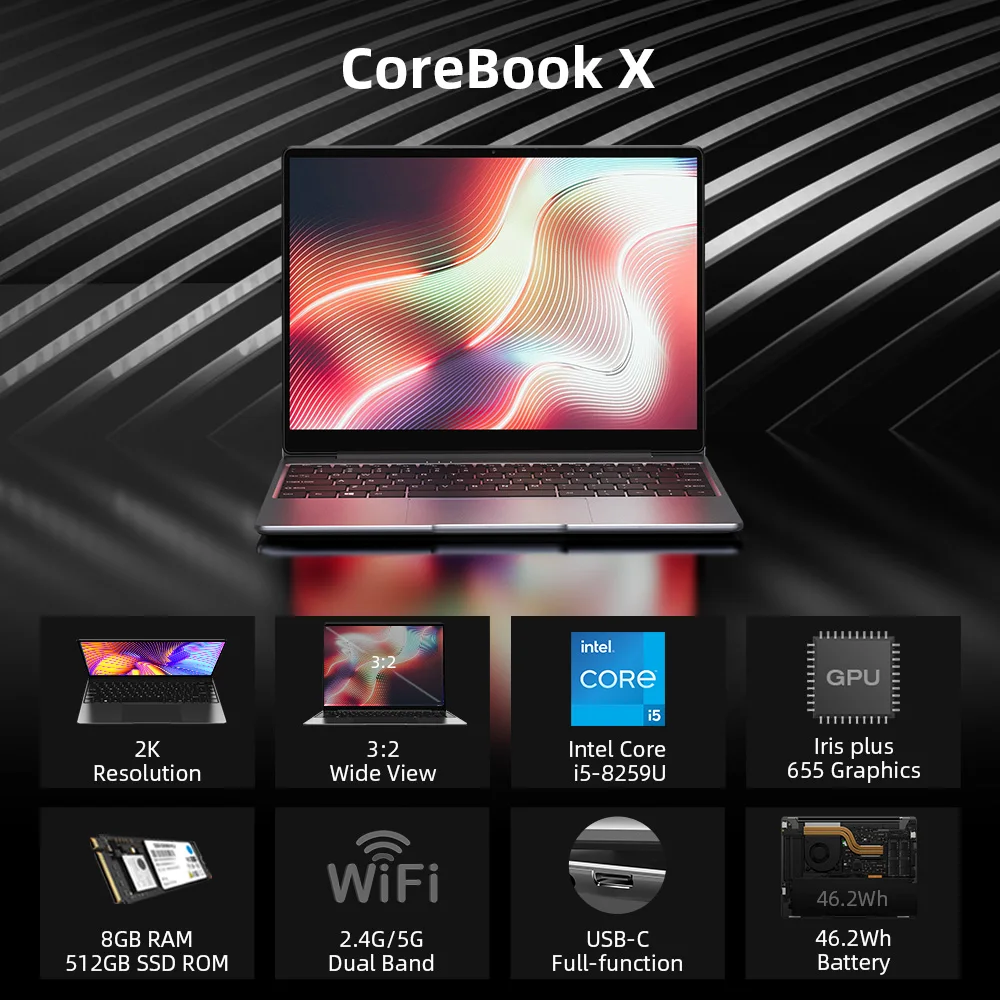 CHUWI CoreBook X Intel Core i5-8259U Laptops 14 Inch 2160x1440 Resolution DDR4 8GB 512GB SSD Winddows 10 Computer 46.2W Battery 2