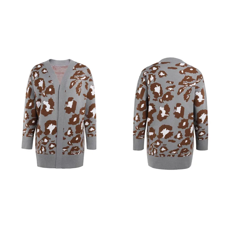 

Brand Women Mid-long Cardigans 2021 Fall V-Neck Long Loose Leopard Printed Open Stitch Women Sweater Cardigans Free Knit