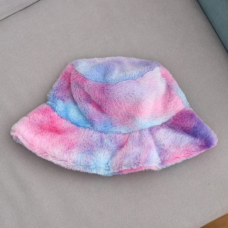

MISANANRYNE Fashion Winter Fishman Hats Tie-dyed Rainbow Color Thick Warm Faux Fur Caps Girl Christmas Gift Outdoor Bucket Hats
