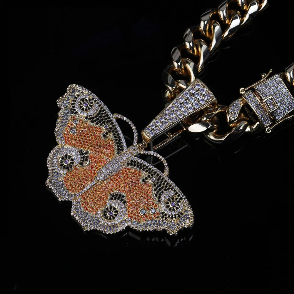 

Ювелирные изделия в стиле хип-хоп, ожерелье с подвеской в виде золотой бабочки с камнями, микро-закрепкой из циркона, украшение с изображени...