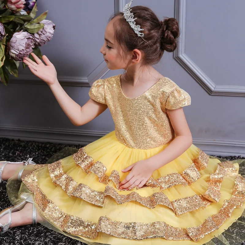 Bling Sequins Layered Cake Dress For girls Wedding Birthday Party Vestidos Ball Gowns Princess Frocks 8 10 12 Years | Детская одежда и