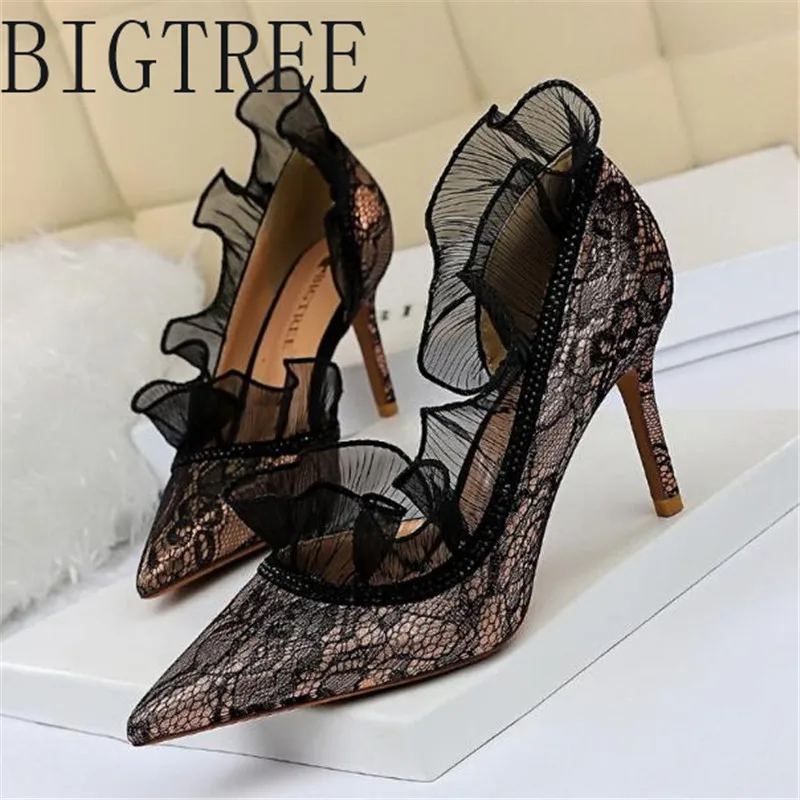 

2019 Fashion Women Pumps Shoes Dress Lace Pointed Toe Thin Heels 8CM Wonen Pumps Fashion Office Shoes