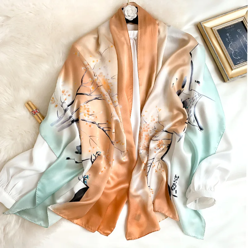 

Women Natural Silk Scarf Retro Painting Print Shawls Office Lady Elegant Wraps Female Noble Hijabs Wonderful Gift 53x170cm