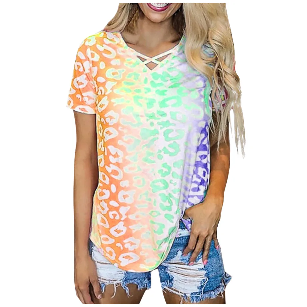 Womail 2020 Summer Women's t-shirt Fashion Tie-Dye Leopard T Shirts Harajuku Casual Cross V-Neck Gradient Short Sleeve Tee Tops | Женская