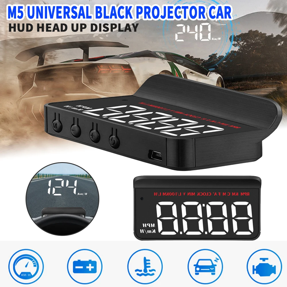 

1pc M5 OBD Car Hud Projector Speed Voltage Warning System Water Temperature Alarm Driving Time Clock Parts Moulding