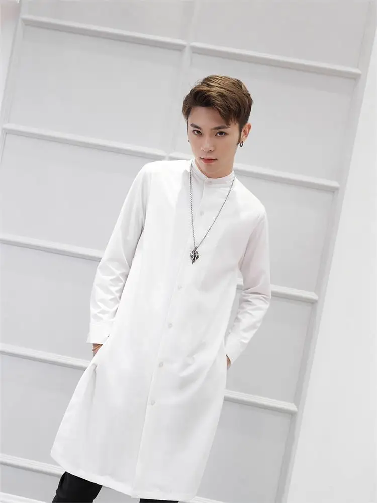 Men's Long-Sleeve Shirt Spring And Autumn New Standing Collar Slender Long Korean Fashion Casual Large Size Shirt