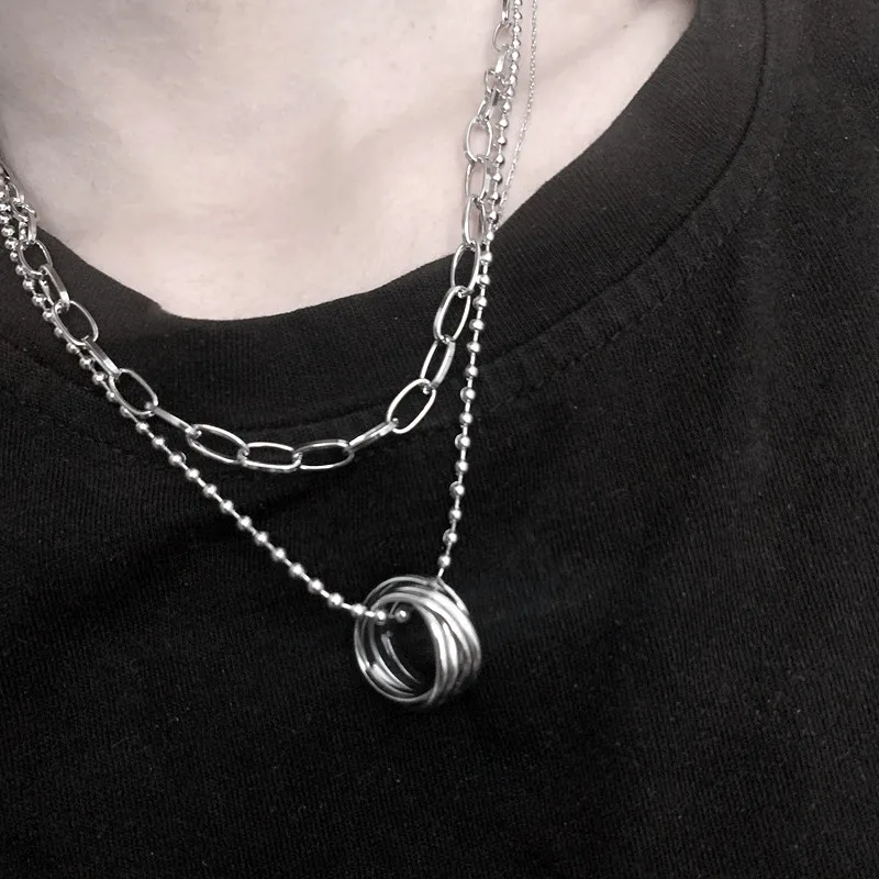 

New women's neck chain multilayer ring pendant necklace hip hop punk style stainless steel chain jewelry women's accessories