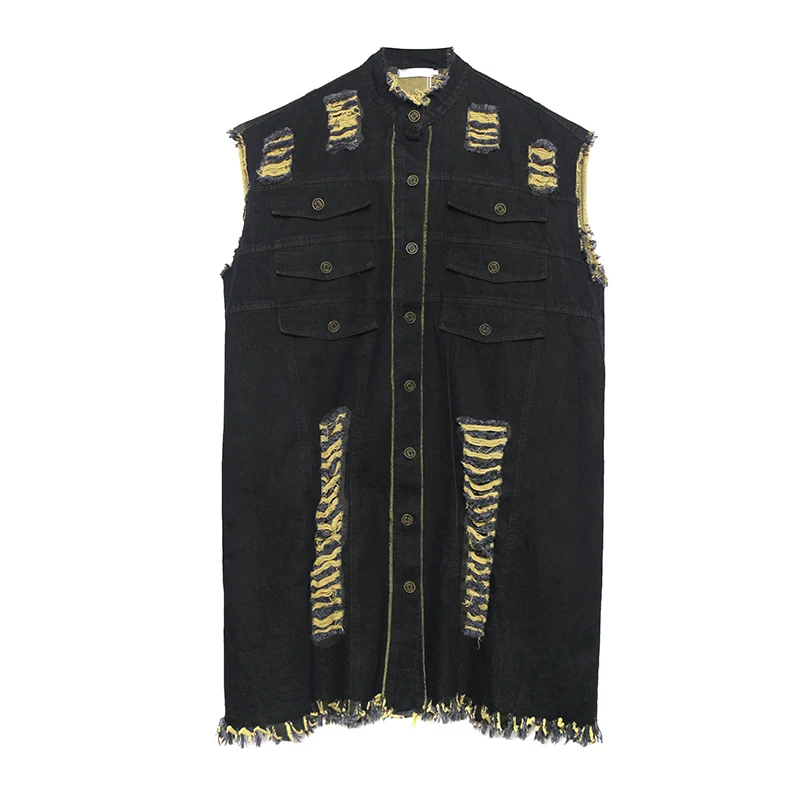 

Tide brand denim vest jacket cool fashion female dark line handsome street large size hole sleeveless vest in long tooling vest