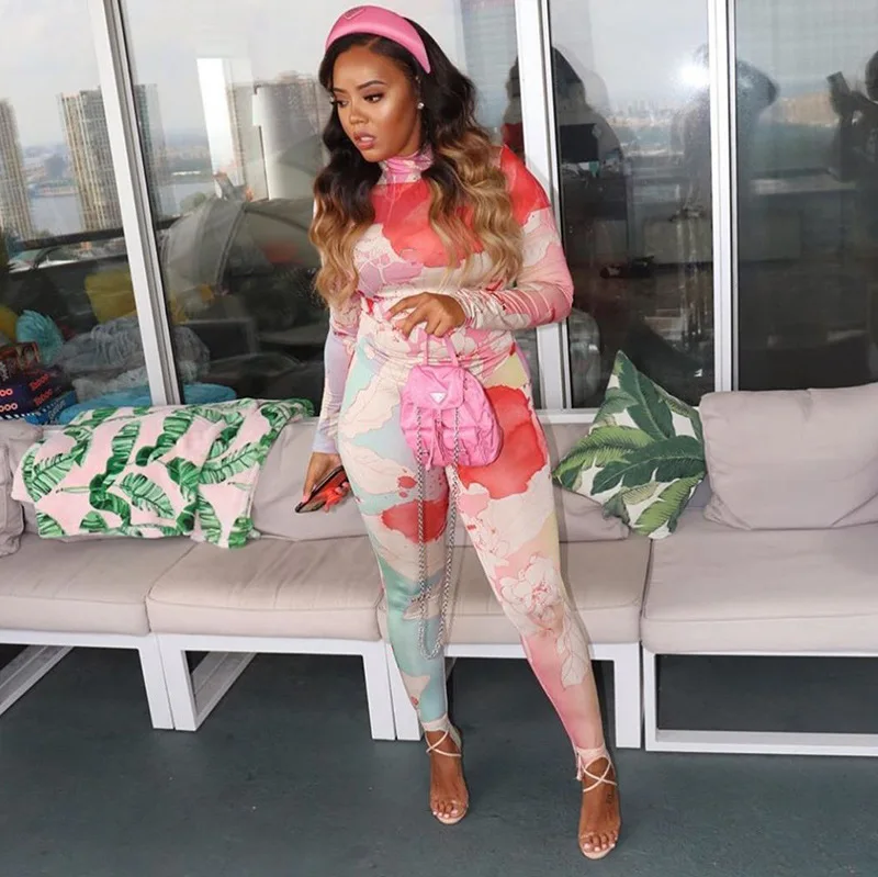 

Echoine Sexy Bodycon Floral Print Jumpsuit Women turtleneck Playsuit Gym Sports Tracksuit Women Rompers Party Club Outfits