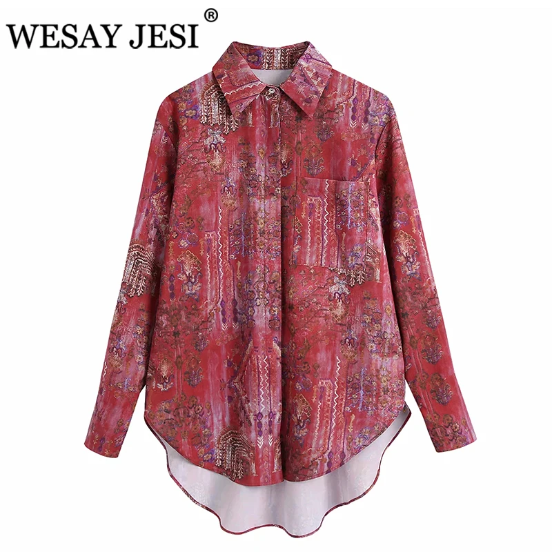 

WESAY JESI Women Clothing Print Street Shirt TRAF ZA New Fashion Lapel Long Sleeve Slim Casual Vintage Flower Color Shirt Female